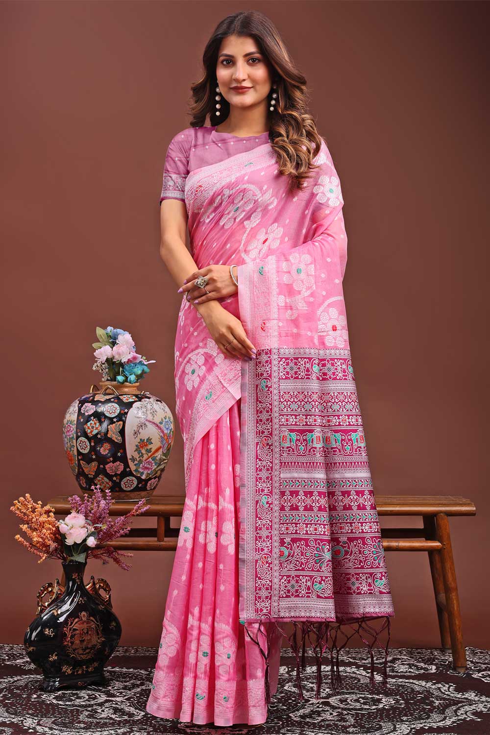 Pink Color Linen Fabric Engaging Saree With Printed Work | Buy Online India