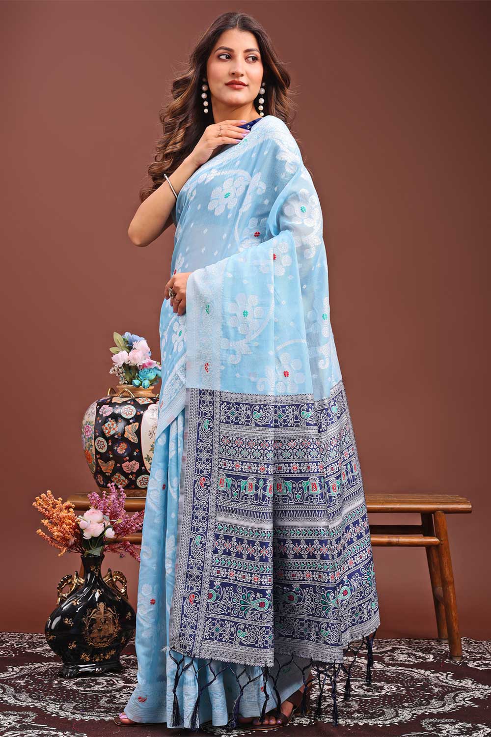 Printed Work On Sky Blue Color Sober Saree In Linen Fabric | Buy Online India