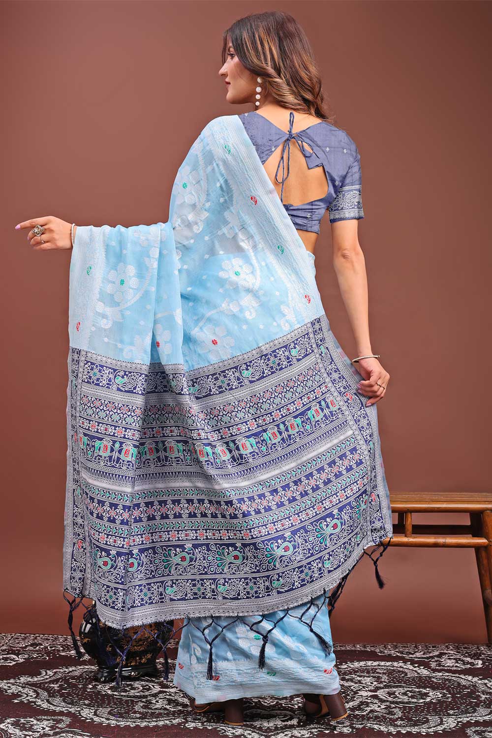 Printed Work On Sky Blue Color Sober Saree In Linen Fabric | Buy Online India