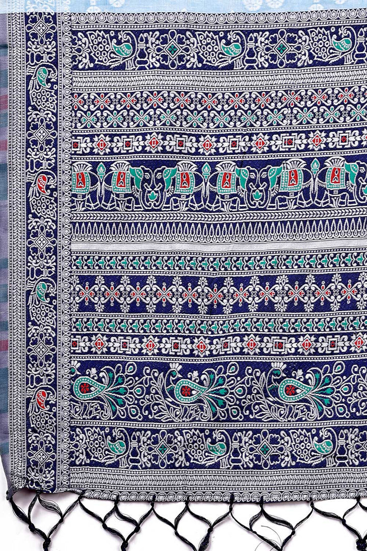 Printed Work On Sky Blue Color Sober Saree In Linen Fabric | Buy Online India
