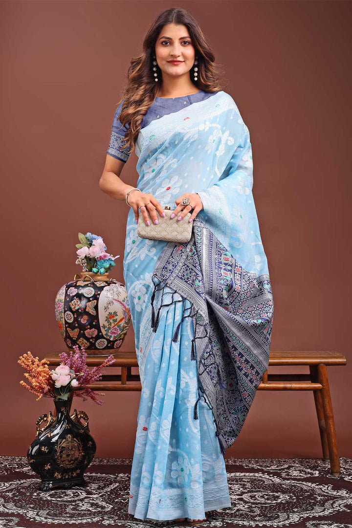 Printed Work On Sky Blue Color Sober Saree In Linen Fabric | Buy Online India