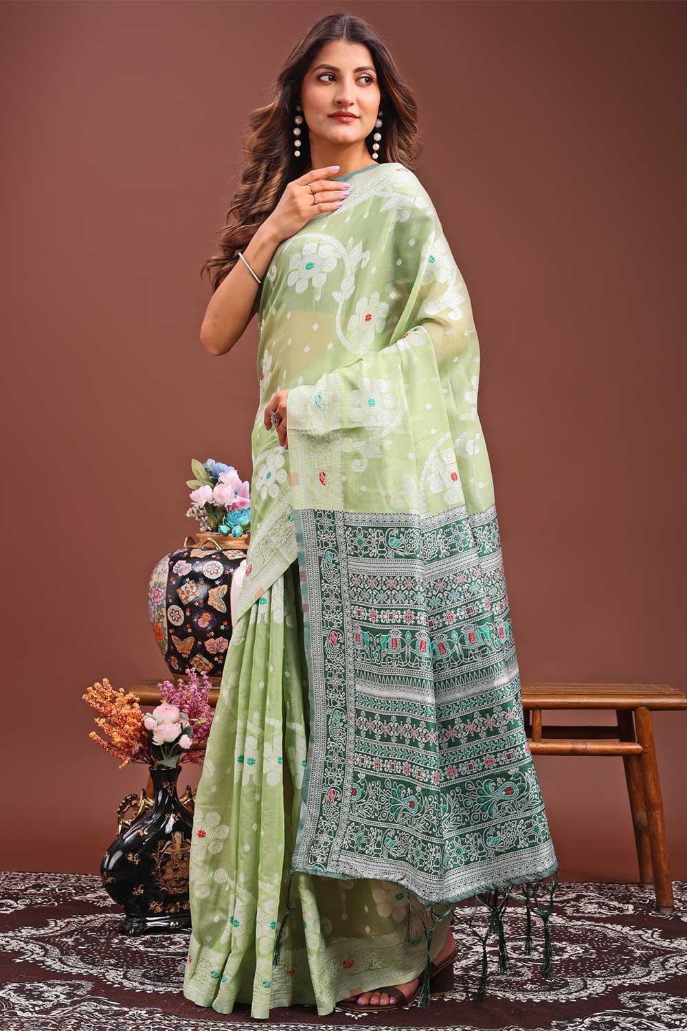 Creative Printed Work On Light Green Color Linen Fabric Saree | Buy Online India