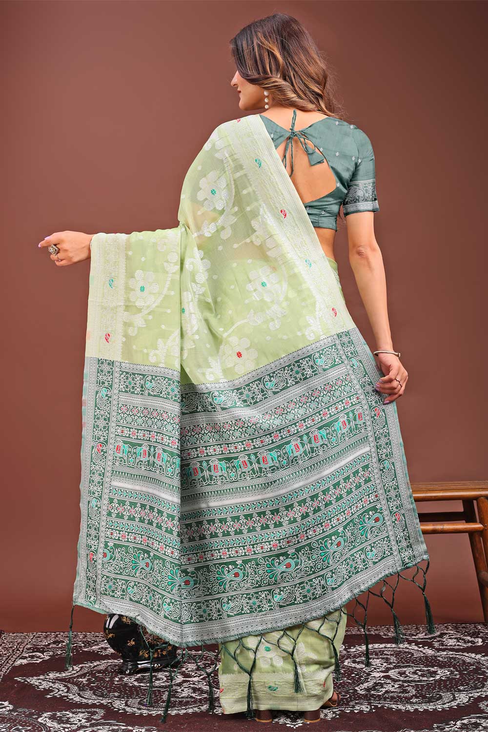 Creative Printed Work On Light Green Color Linen Fabric Saree | Buy Online India