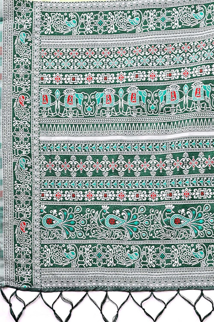 Creative Printed Work On Light Green Color Linen Fabric Saree | Buy Online India
