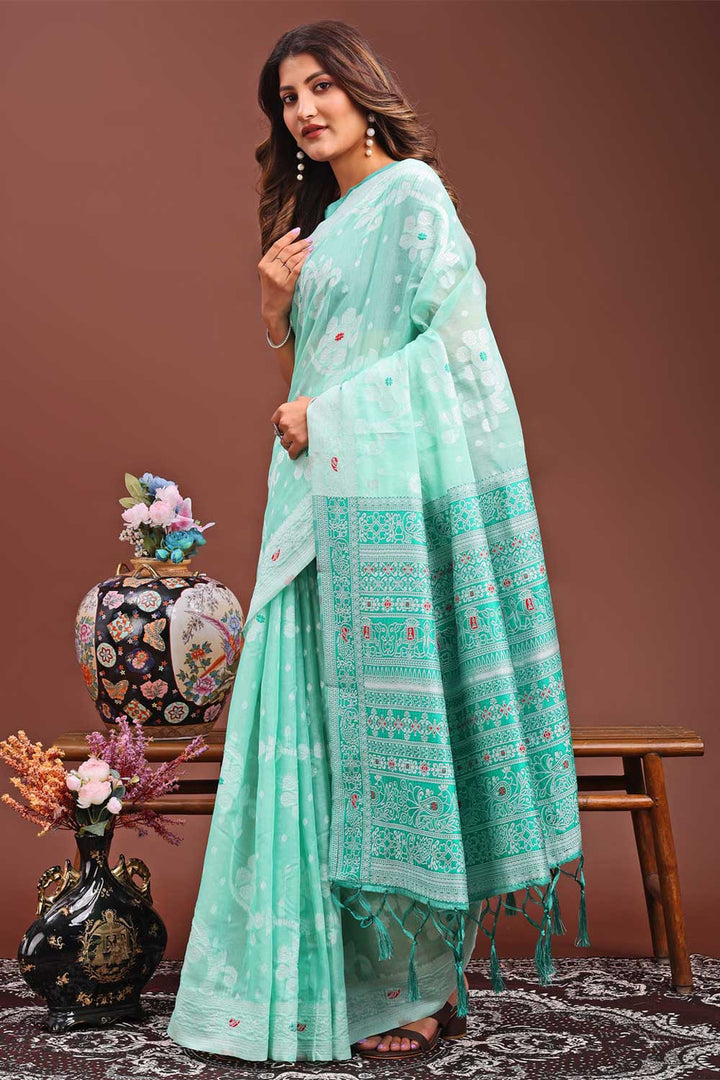 Excellent Linen Fabric Sea Green Color Saree With Printed Work | Buy Online India