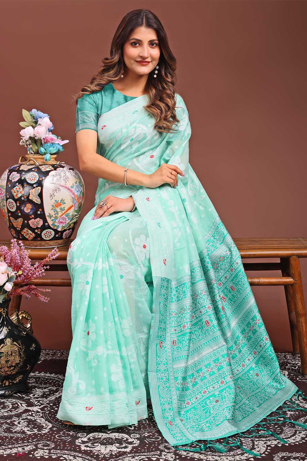 Excellent Linen Fabric Sea Green Color Saree With Printed Work | Buy Online India