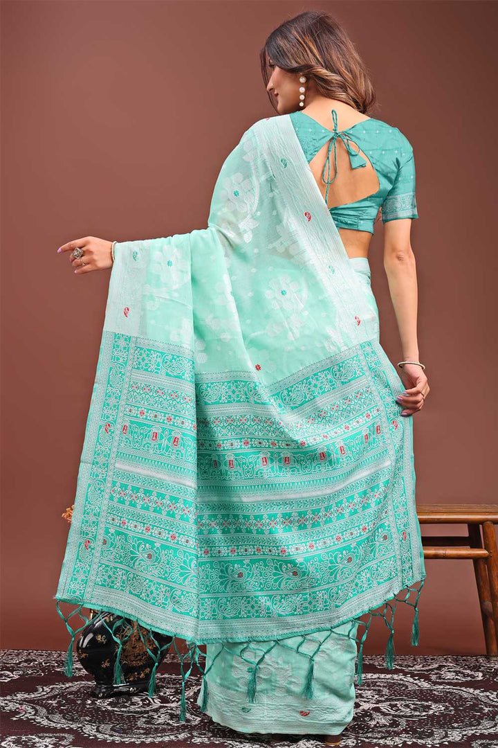 Excellent Linen Fabric Sea Green Color Saree With Printed Work | Buy Online India