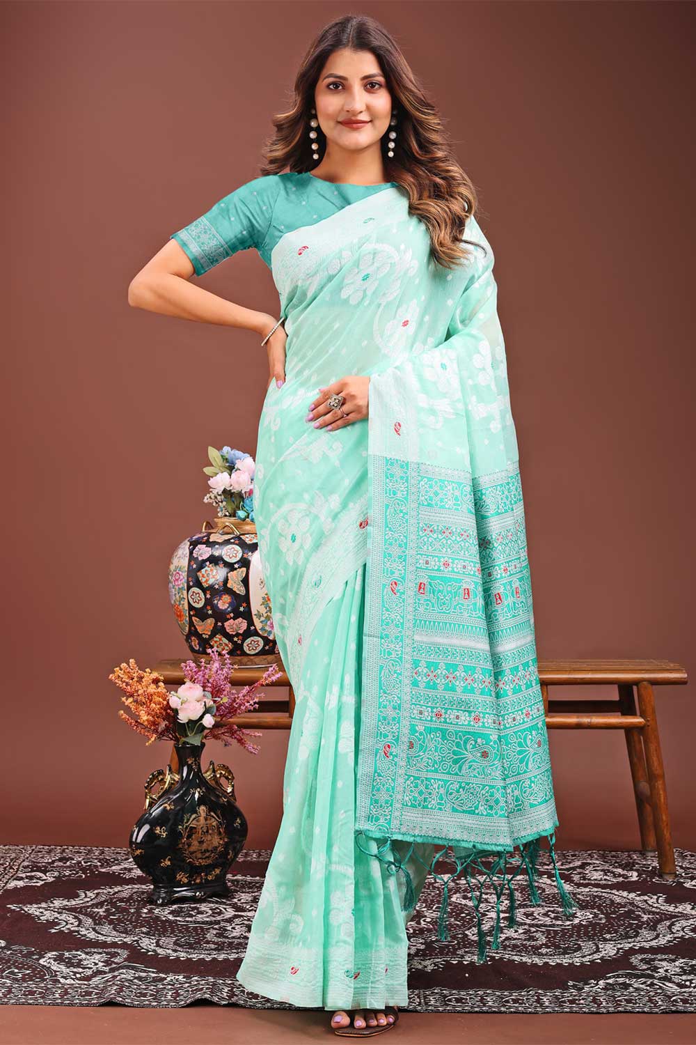 Excellent Linen Fabric Sea Green Color Saree With Printed Work | Buy Online India