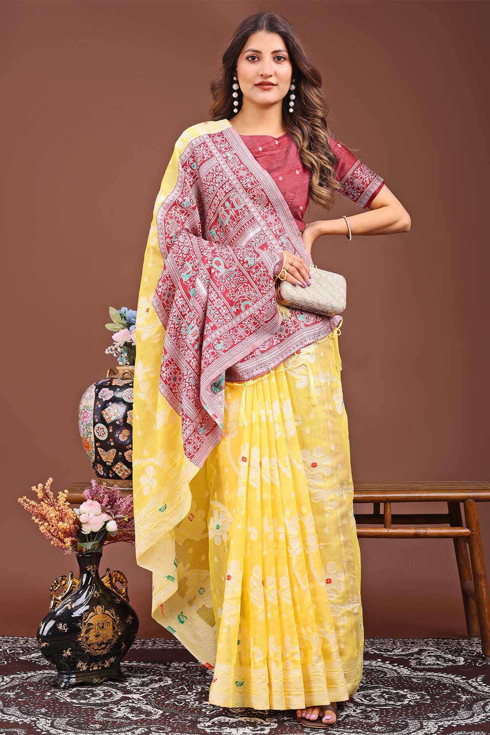 Yellow Color Printed Work On Linen Fabric Stunning Saree | Buy Online India