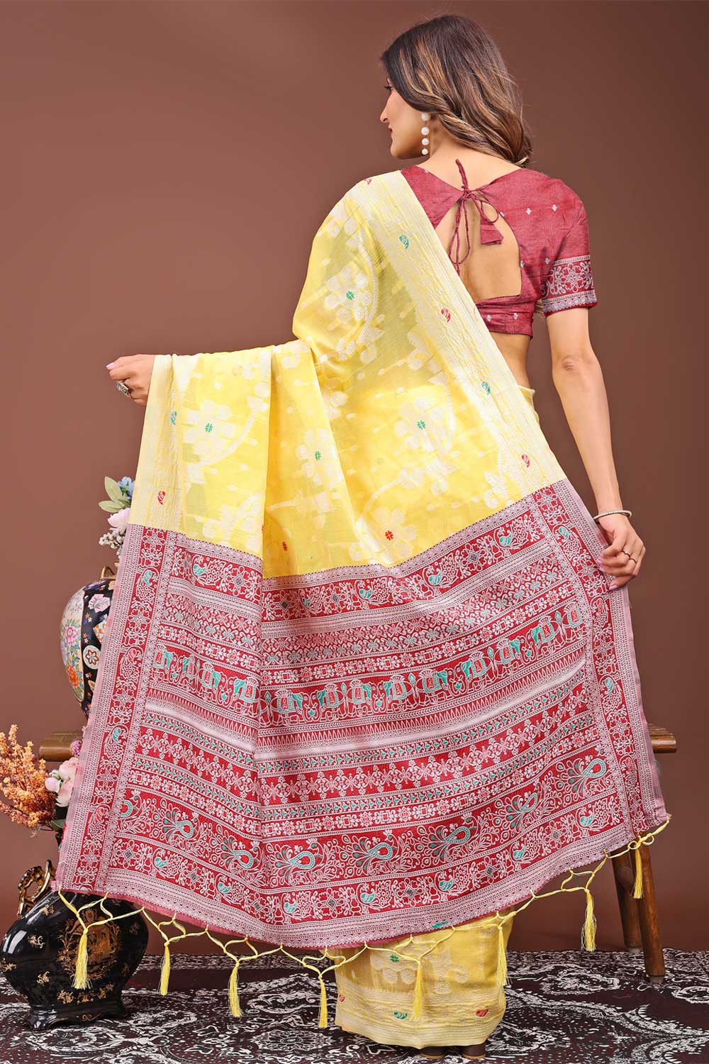 Yellow Color Printed Work On Linen Fabric Stunning Saree | Buy Online India