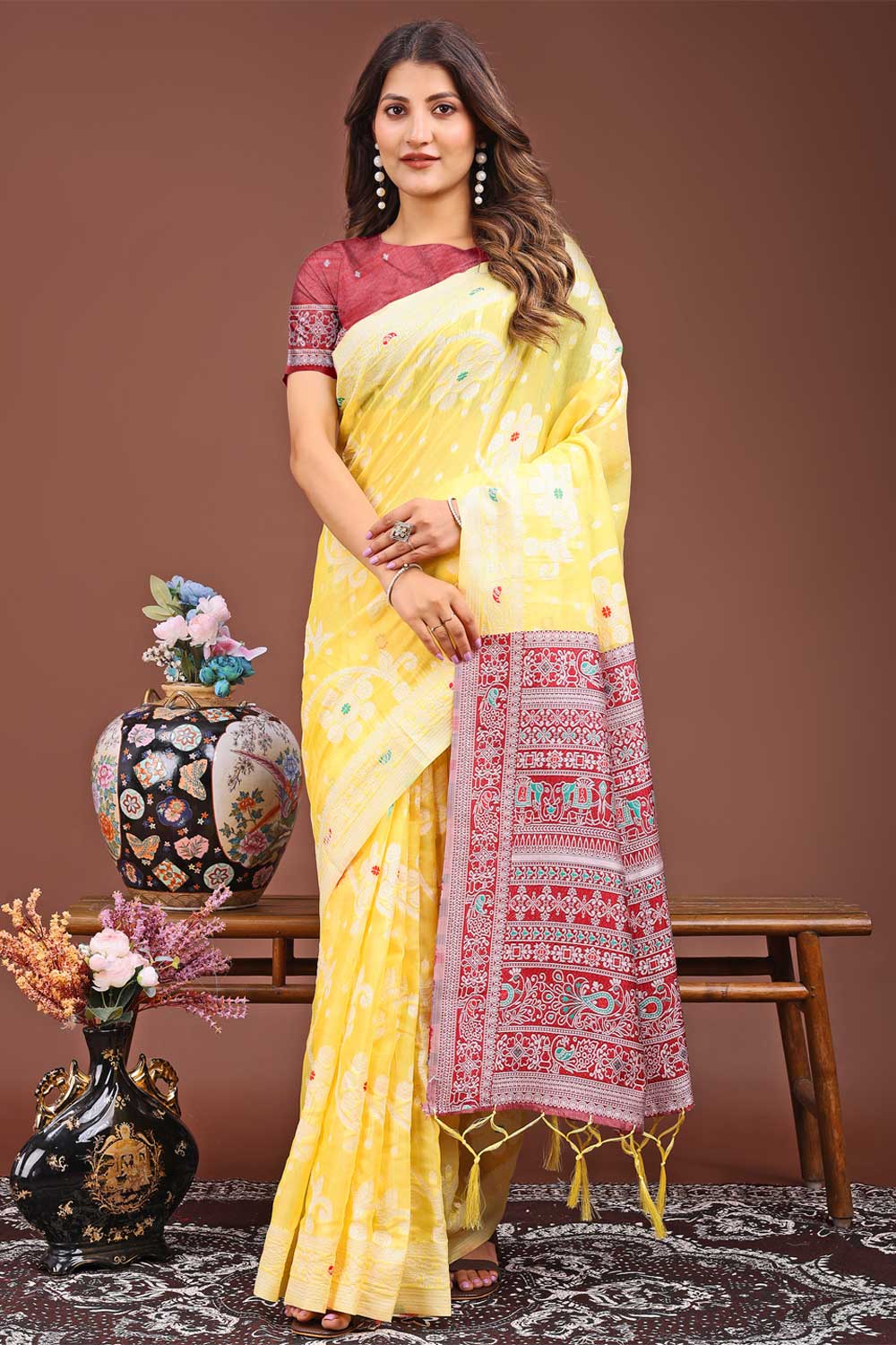 Yellow Color Printed Work On Linen Fabric Stunning Saree | Buy Online India