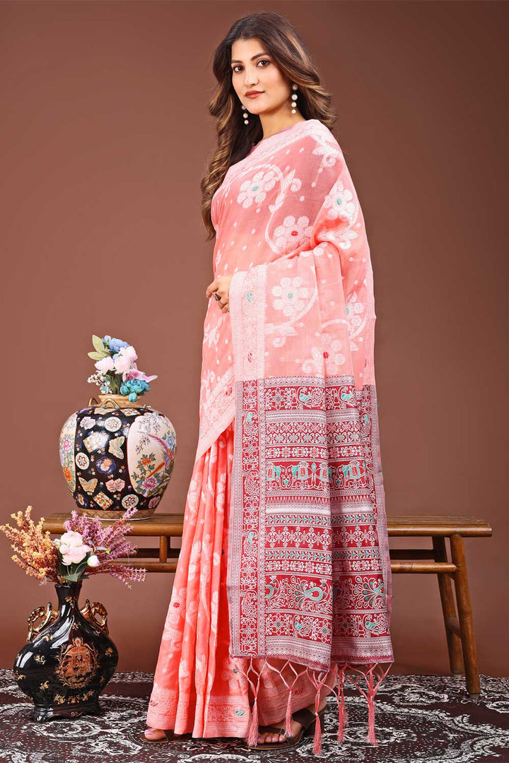 Beguiling Printed Work On Peach Color Linen Fabric Saree | Buy Online India