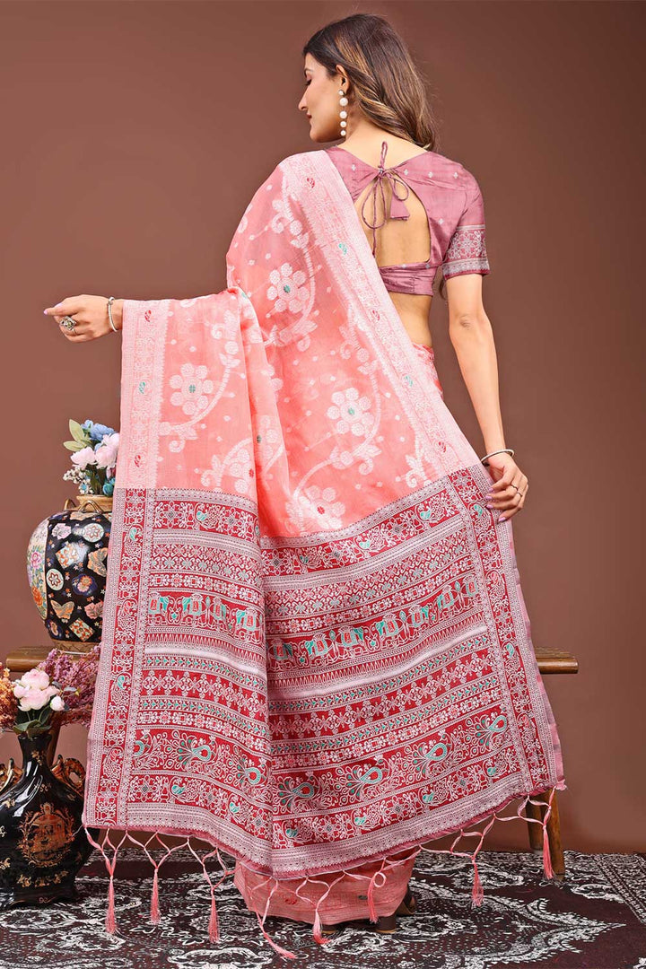 Beguiling Printed Work On Peach Color Linen Fabric Saree | Buy Online India