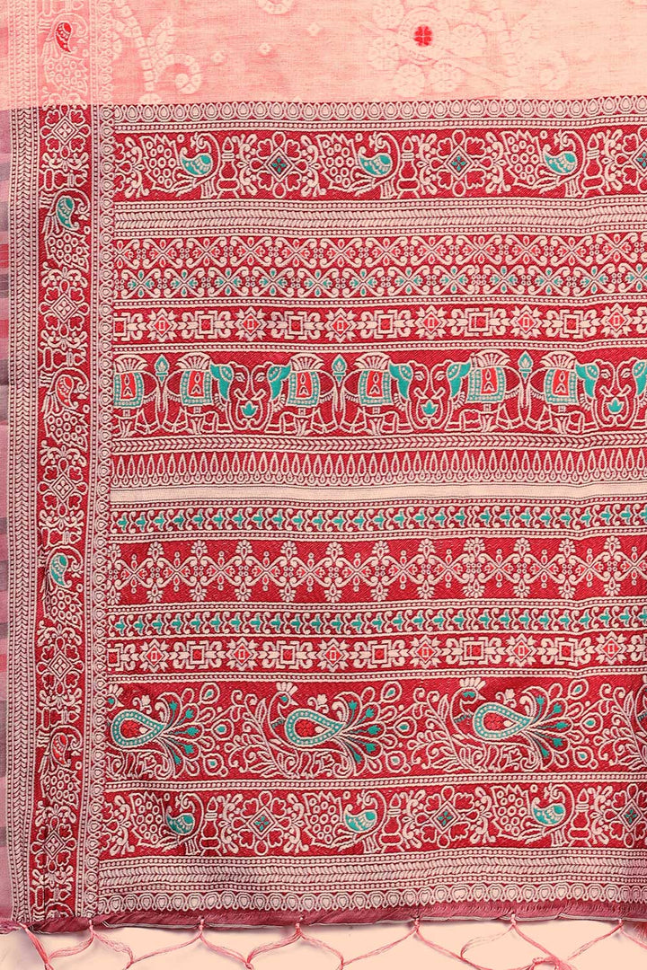 Beguiling Printed Work On Peach Color Linen Fabric Saree | Buy Online India