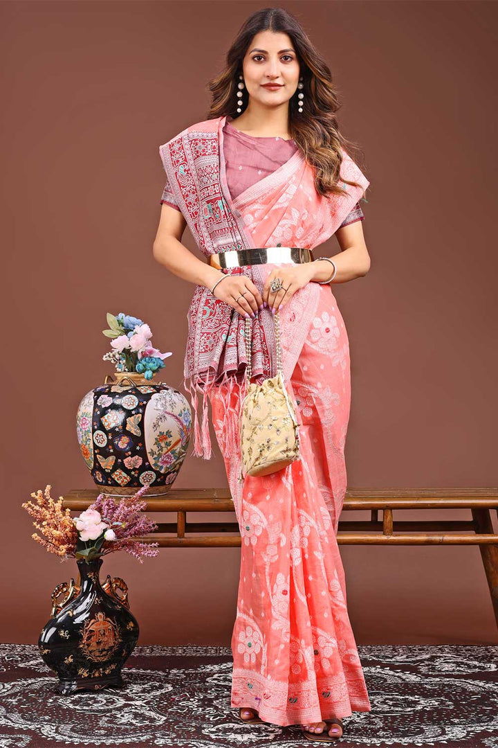 Beguiling Printed Work On Peach Color Linen Fabric Saree | Buy Online India