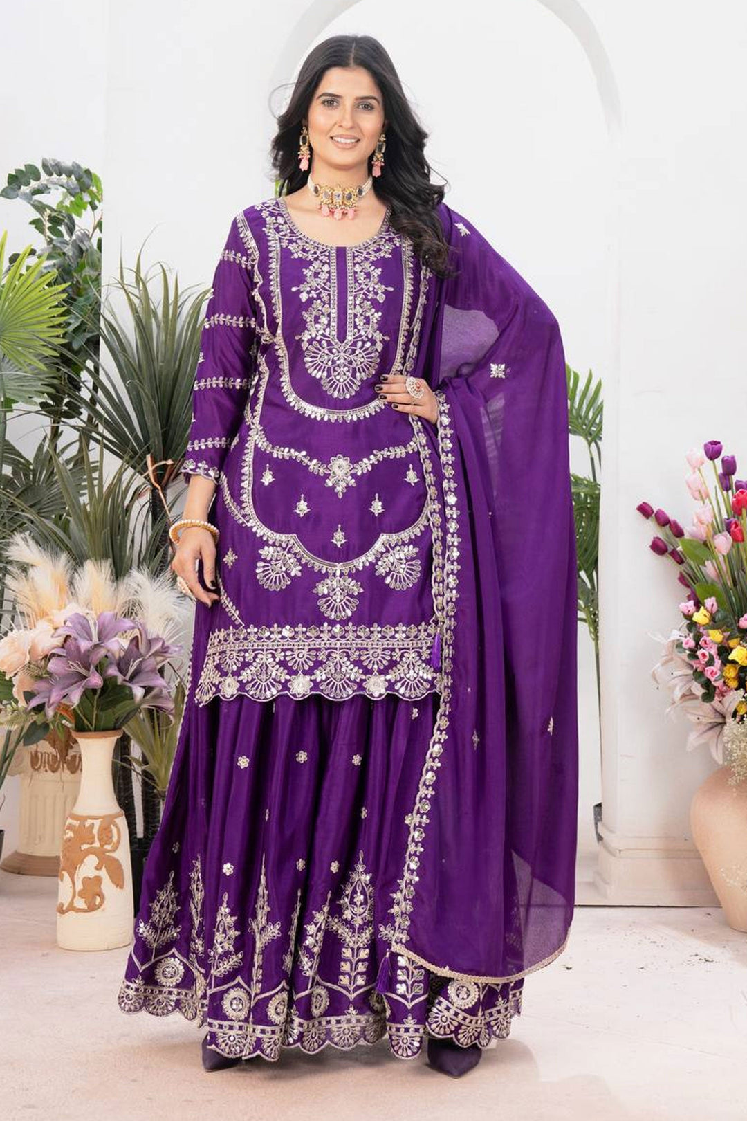 Chinon Fabric Purple Color Attractive Readymade Sharara Suit | Buy Online India