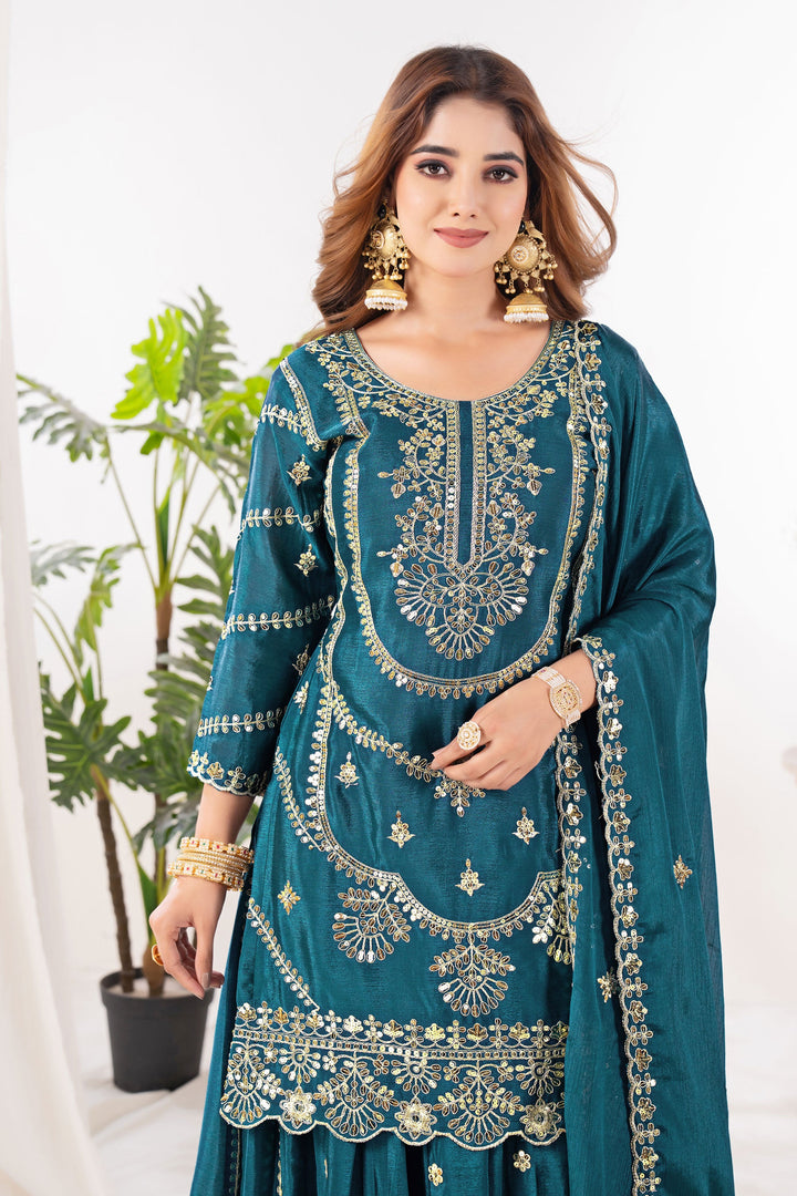 Teal Color Chinon Fabric Beautiful Readymade Sharara Suit | Buy Online India