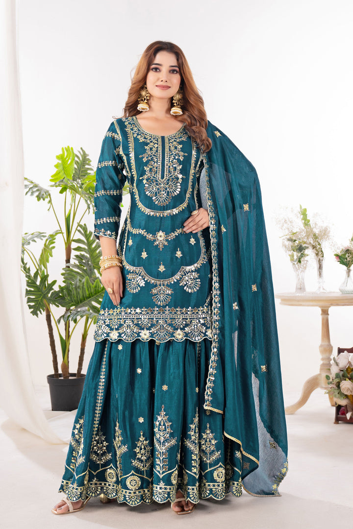 Teal Color Chinon Fabric Beautiful Readymade Sharara Suit | Buy Online India