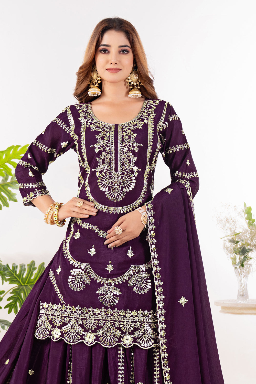 Chinon Fabric Wine Color Glamorous Readymade Sharara Suit | Buy Online India