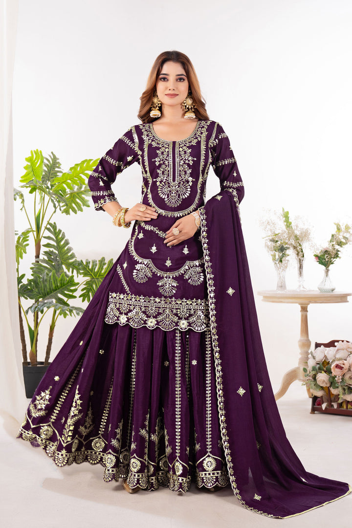 Chinon Fabric Wine Color Glamorous Readymade Sharara Suit | Buy Online India
