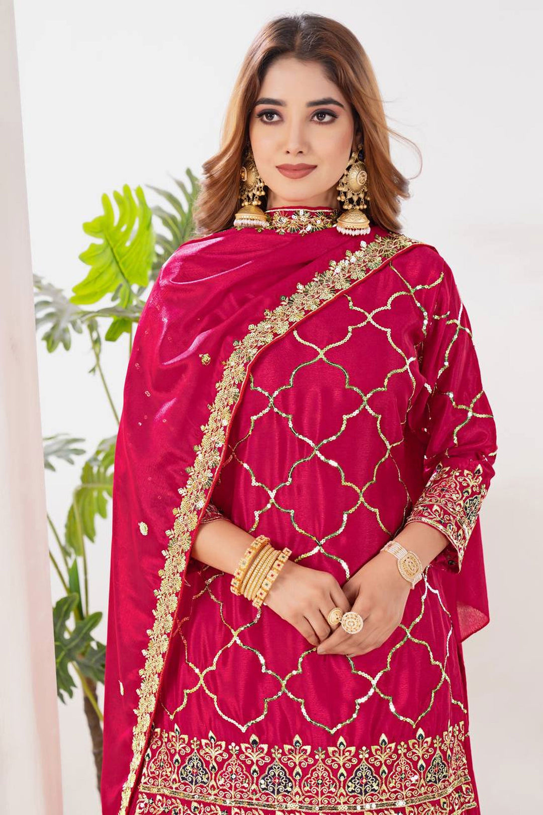 Chinon Silk Fabric Pink Color Stylish Look Readymade Sharara Suit | Buy Online India