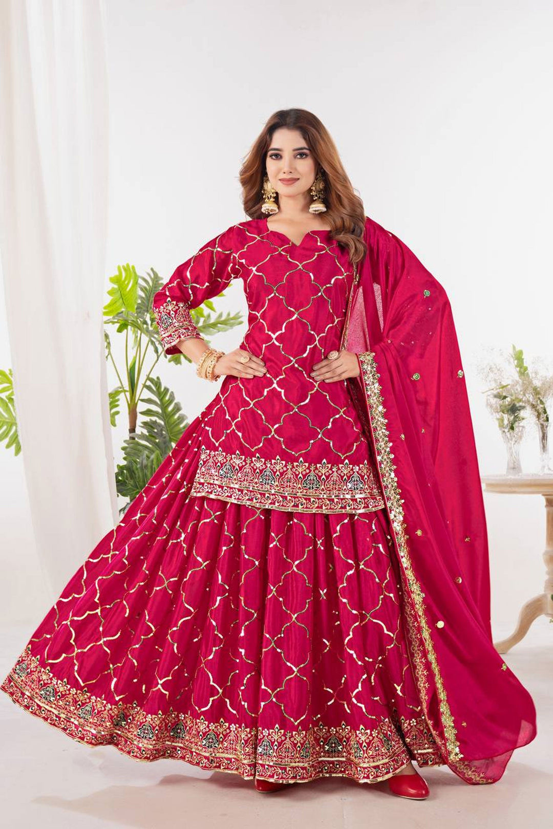 Chinon Silk Fabric Pink Color Stylish Look Readymade Sharara Suit | Buy Online India