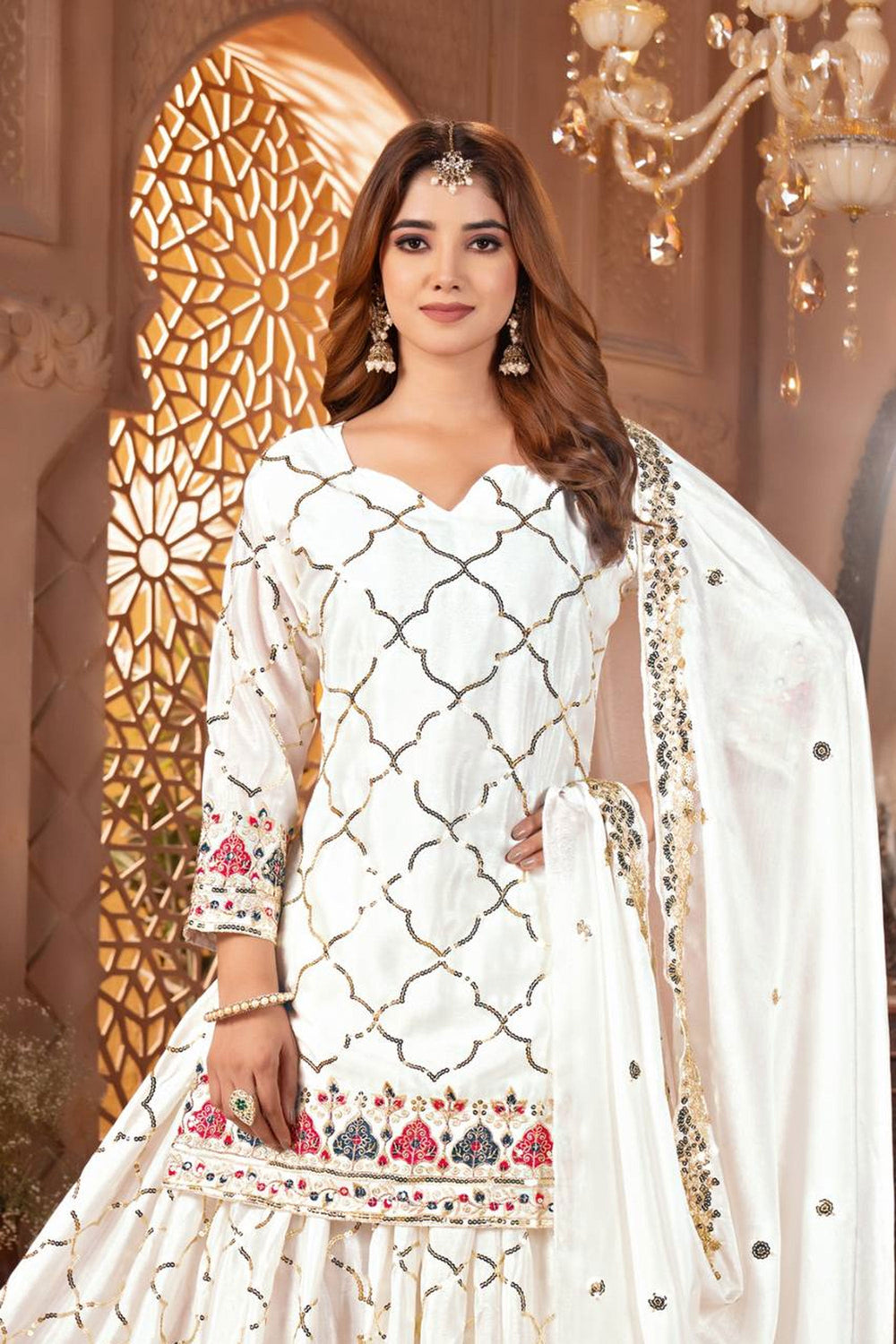 Chinon Silk Fabric White Color Beatific Look Readymade Sharara Suit | Buy Online India