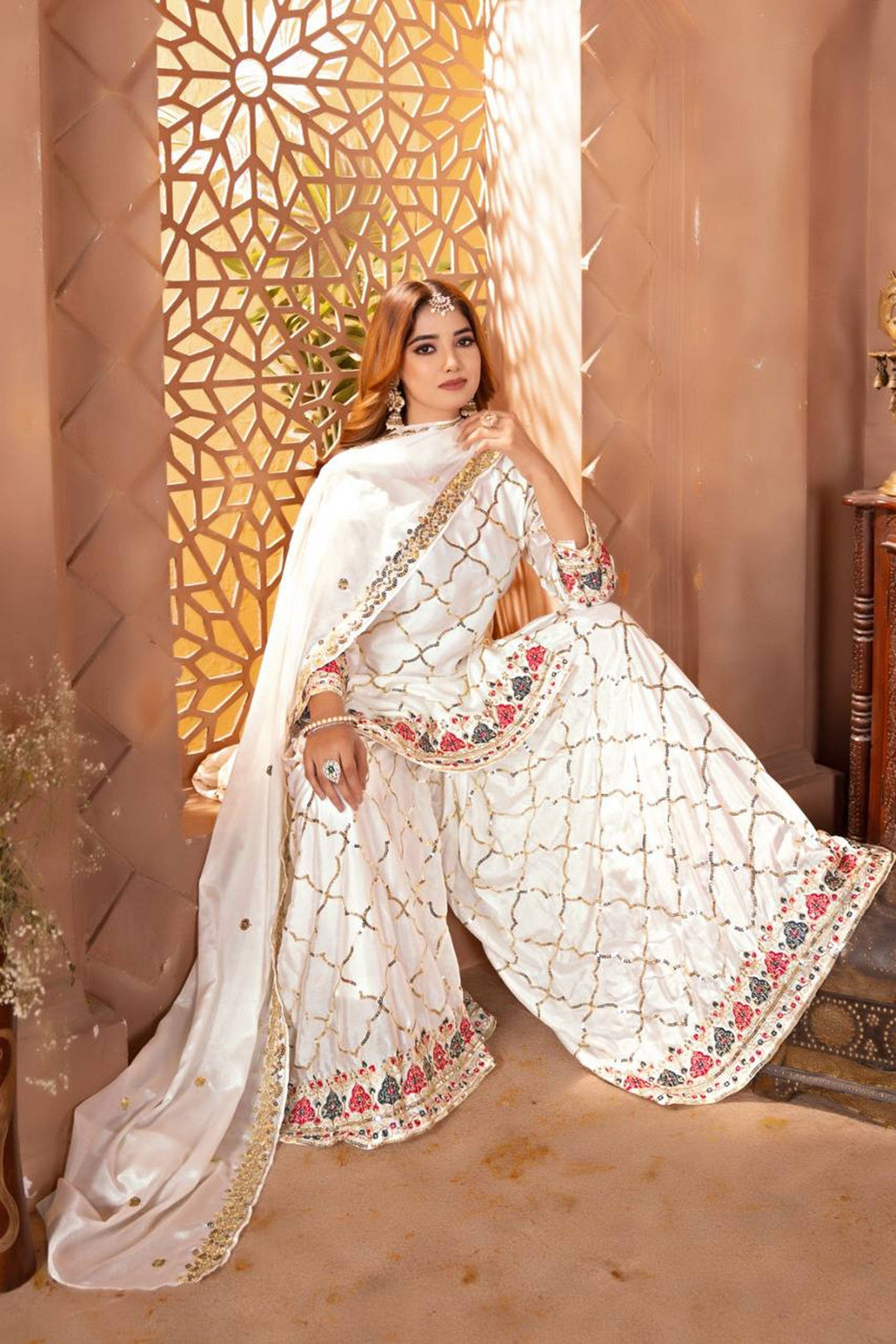 Chinon Silk Fabric White Color Beatific Look Readymade Sharara Suit | Buy Online India