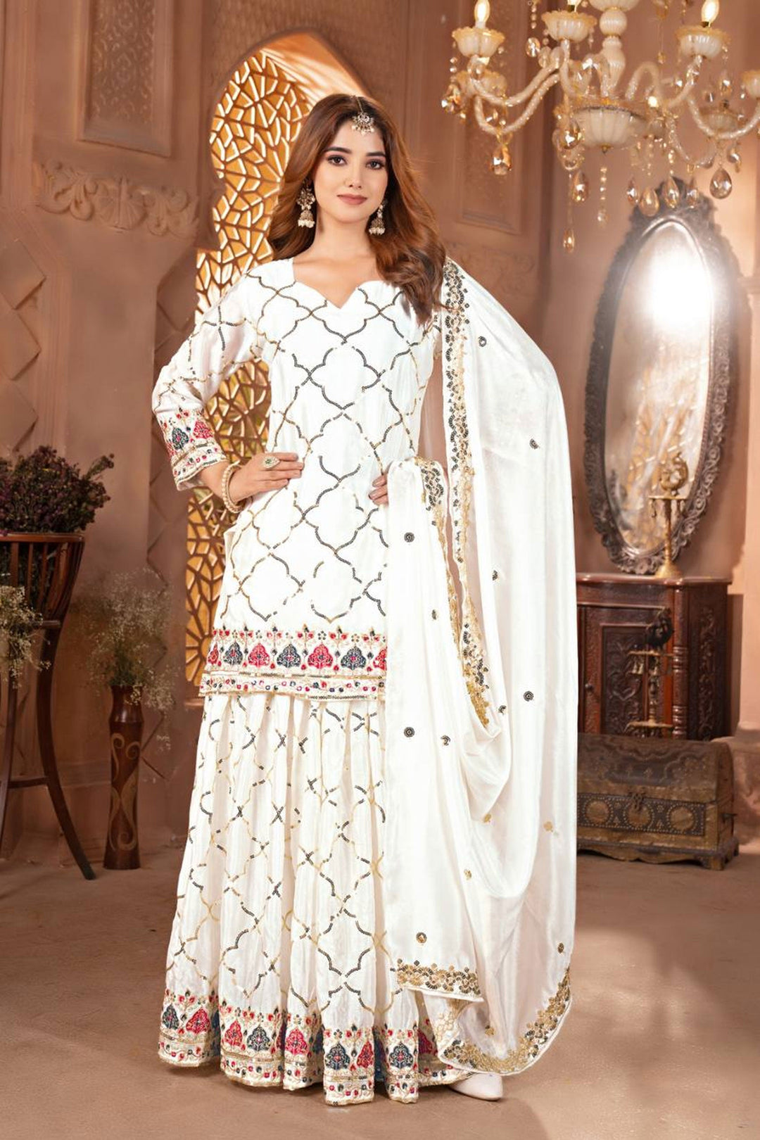 Chinon Silk Fabric White Color Beatific Look Readymade Sharara Suit | Buy Online India
