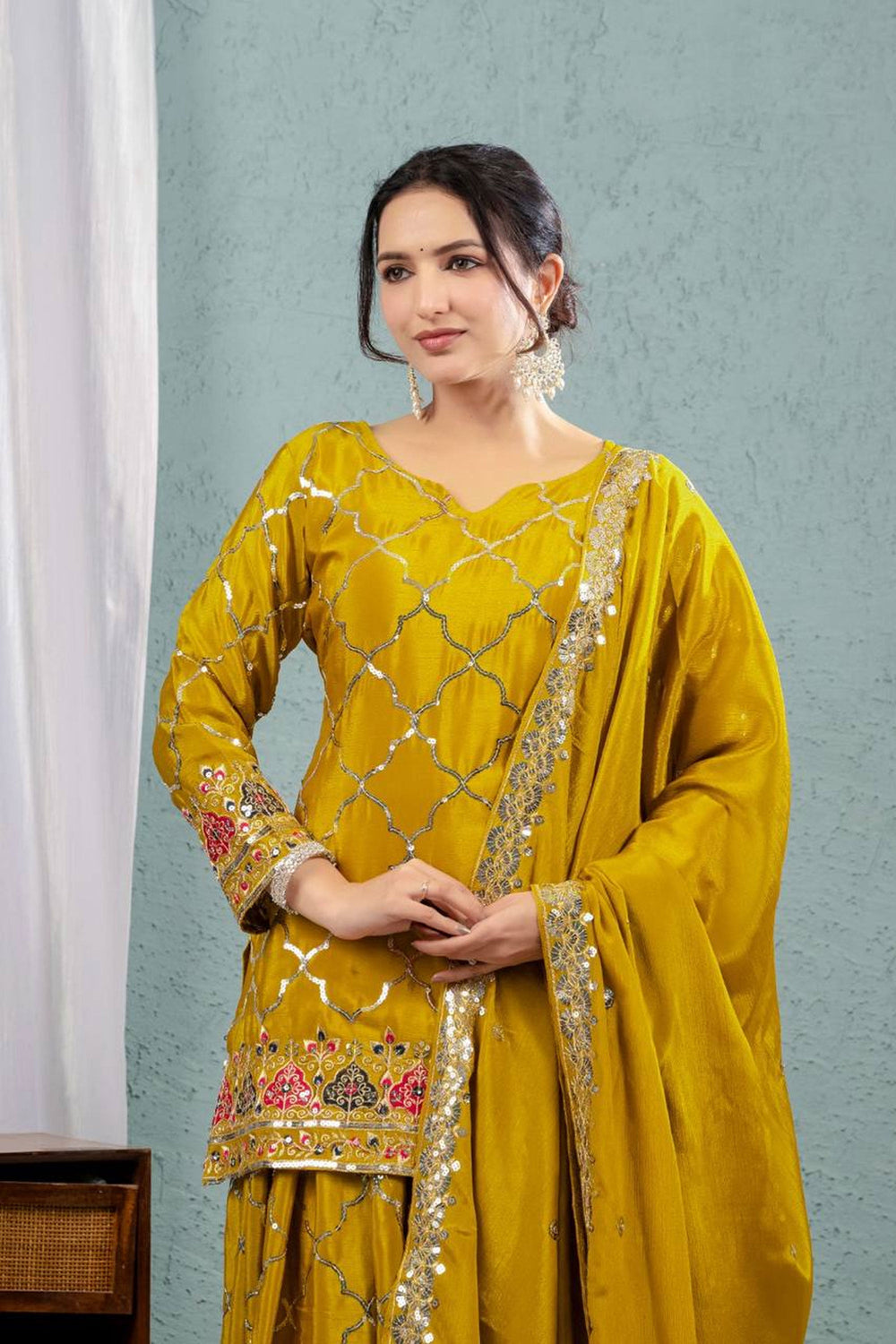 Febulous Chinon Silk Fabric Yellow Color Readymade Sharara Suit | Buy Online India