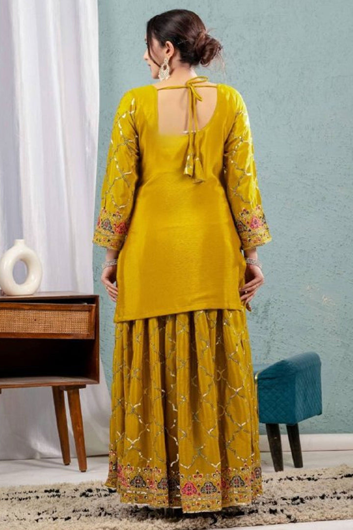 Febulous Chinon Silk Fabric Yellow Color Readymade Sharara Suit | Buy Online India