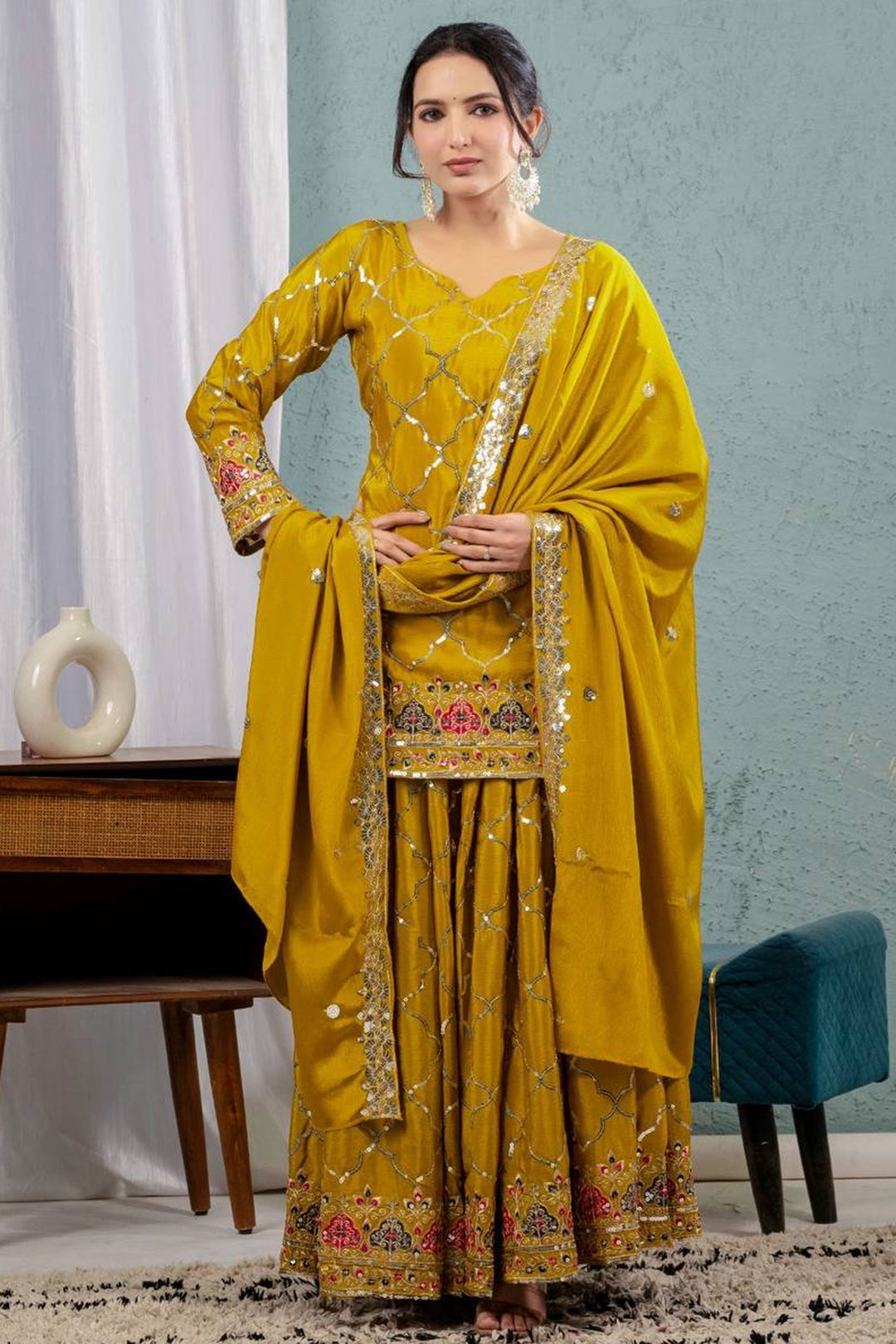 Febulous Chinon Silk Fabric Yellow Color Readymade Sharara Suit | Buy Online India