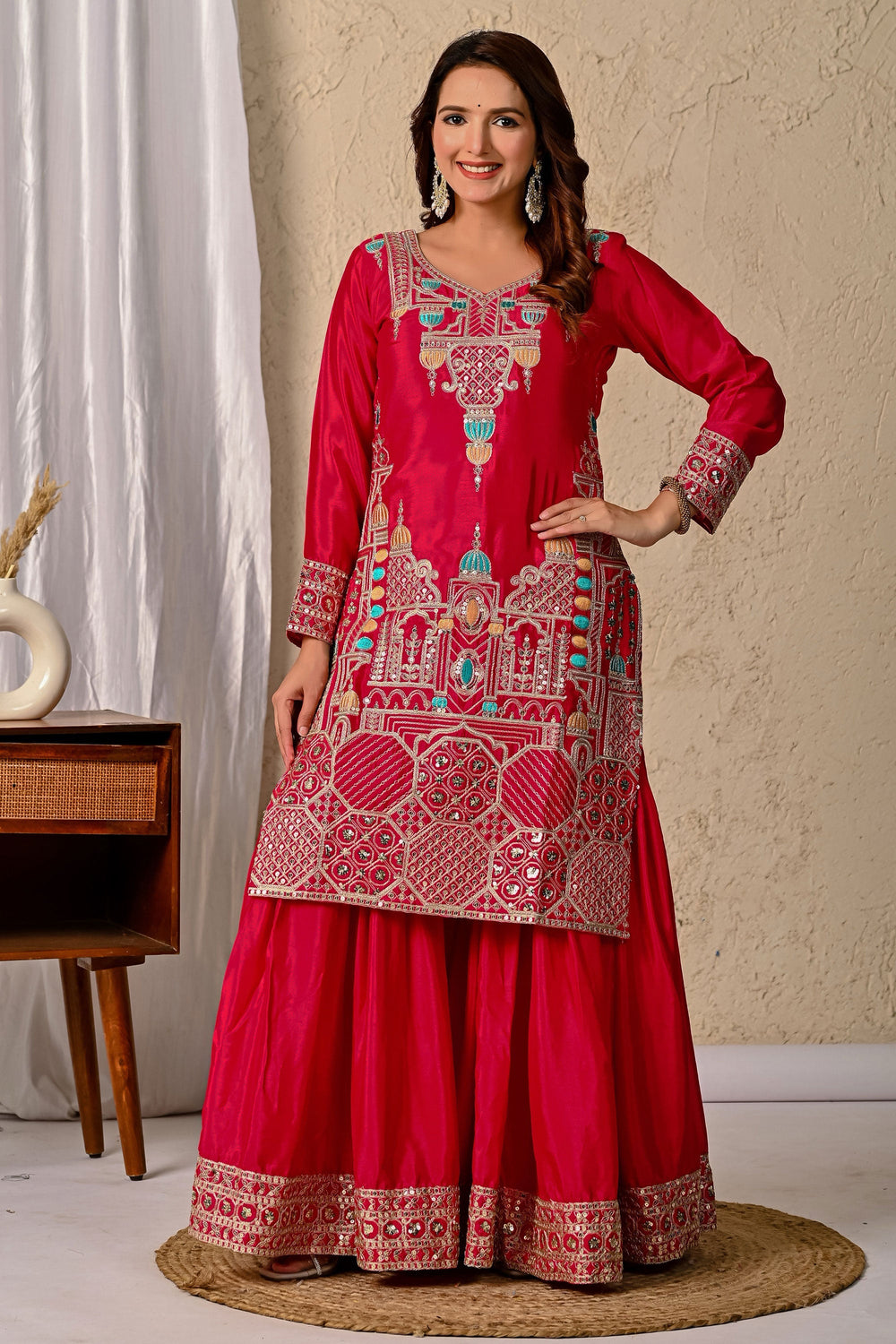Chinon Silk Fabric Captivating Rani Color Readymade Sharara Suit | Buy Online India