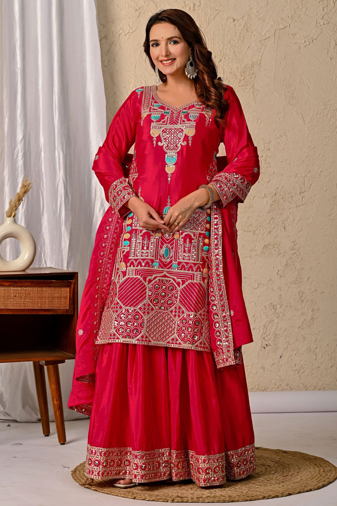 Chinon Silk Fabric Captivating Rani Color Readymade Sharara Suit | Buy Online India