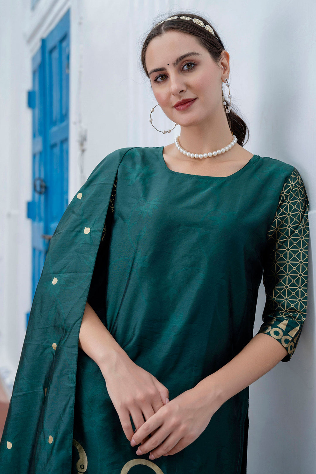 Green Color Cotton Silk Fabric Beautiful Jacquard Work Salwar Suit | Buy Online India