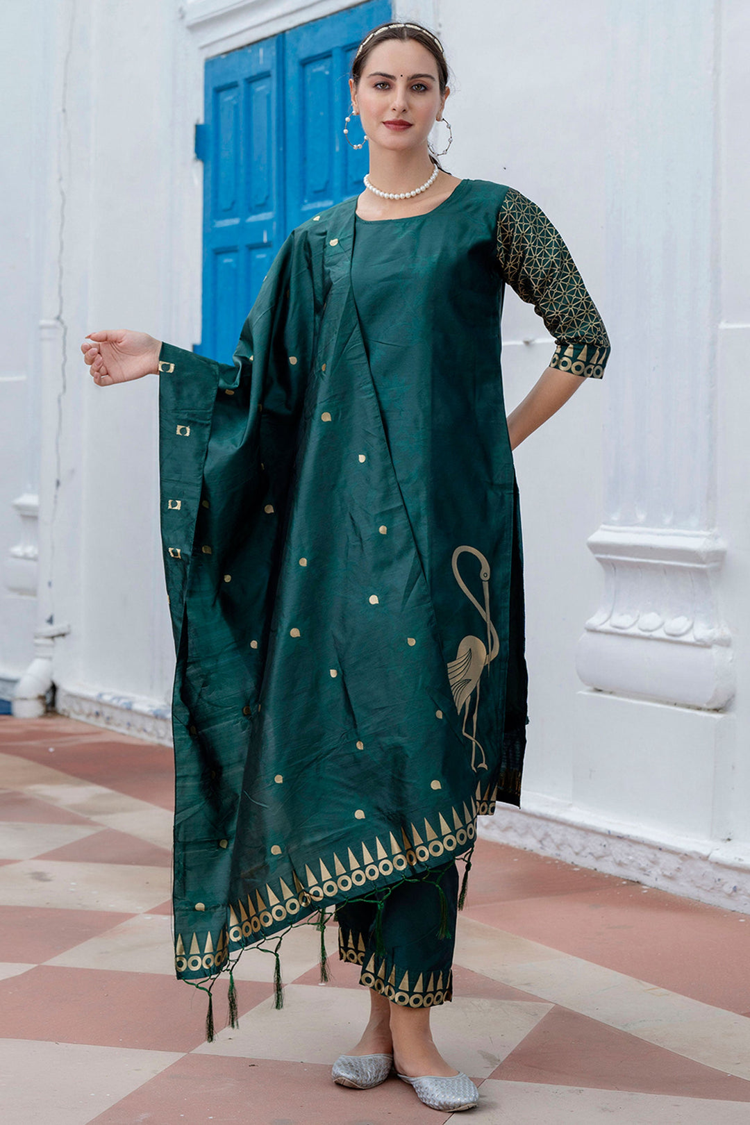 Green Color Cotton Silk Fabric Beautiful Jacquard Work Salwar Suit | Buy Online India