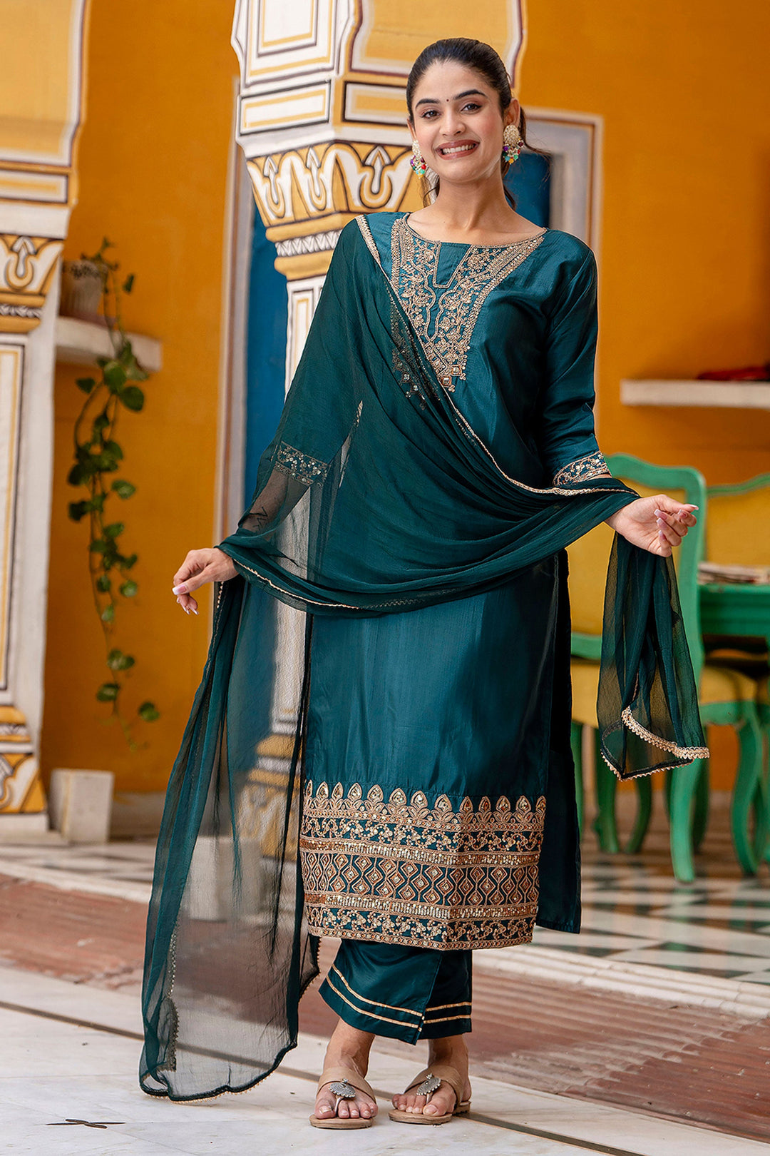 Fabulous Art Silk Fabric Teal Color Salwar Suit | Buy Online India