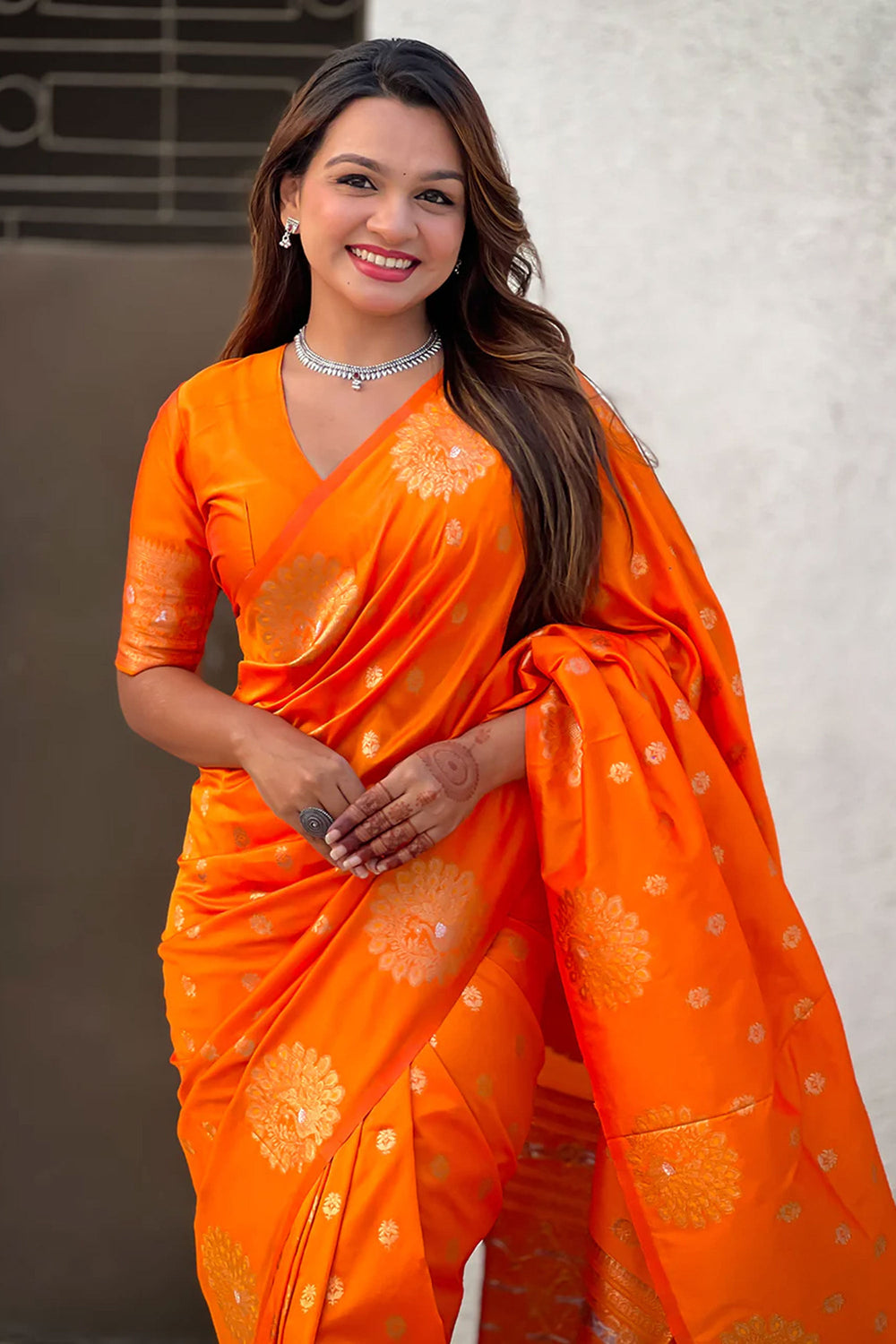 Orange Color Gorgeous Banarsi Style Silk Saree With Jacquard Work | Buy Online India