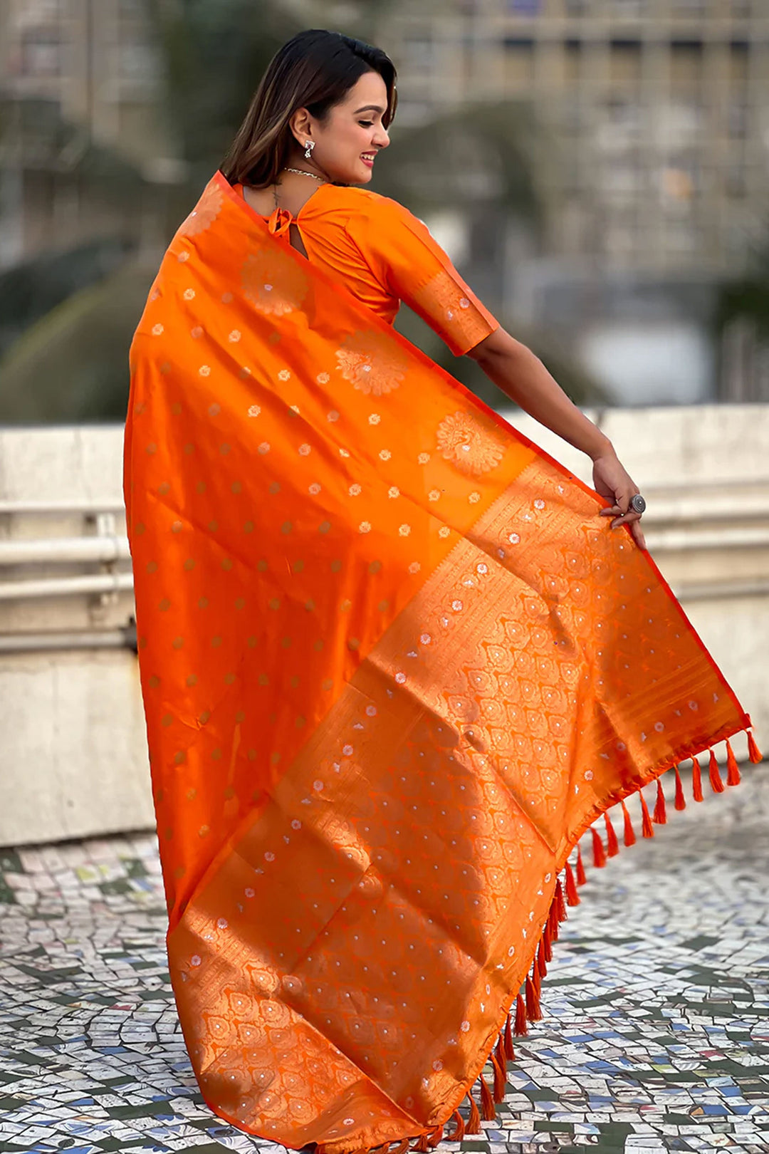 Orange Color Gorgeous Banarsi Style Silk Saree With Jacquard Work | Buy Online India