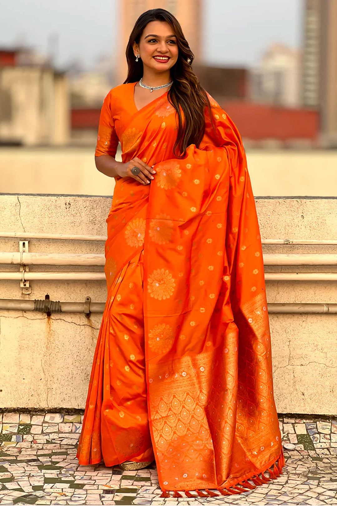 Orange Color Gorgeous Banarsi Style Silk Saree With Jacquard Work | Buy Online India