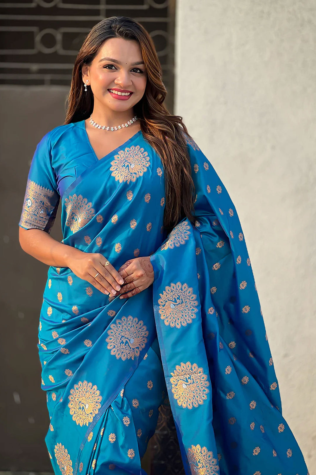 Teal Color Jacquard Work Brilliant Banarsi Style Silk Saree | Buy Online India