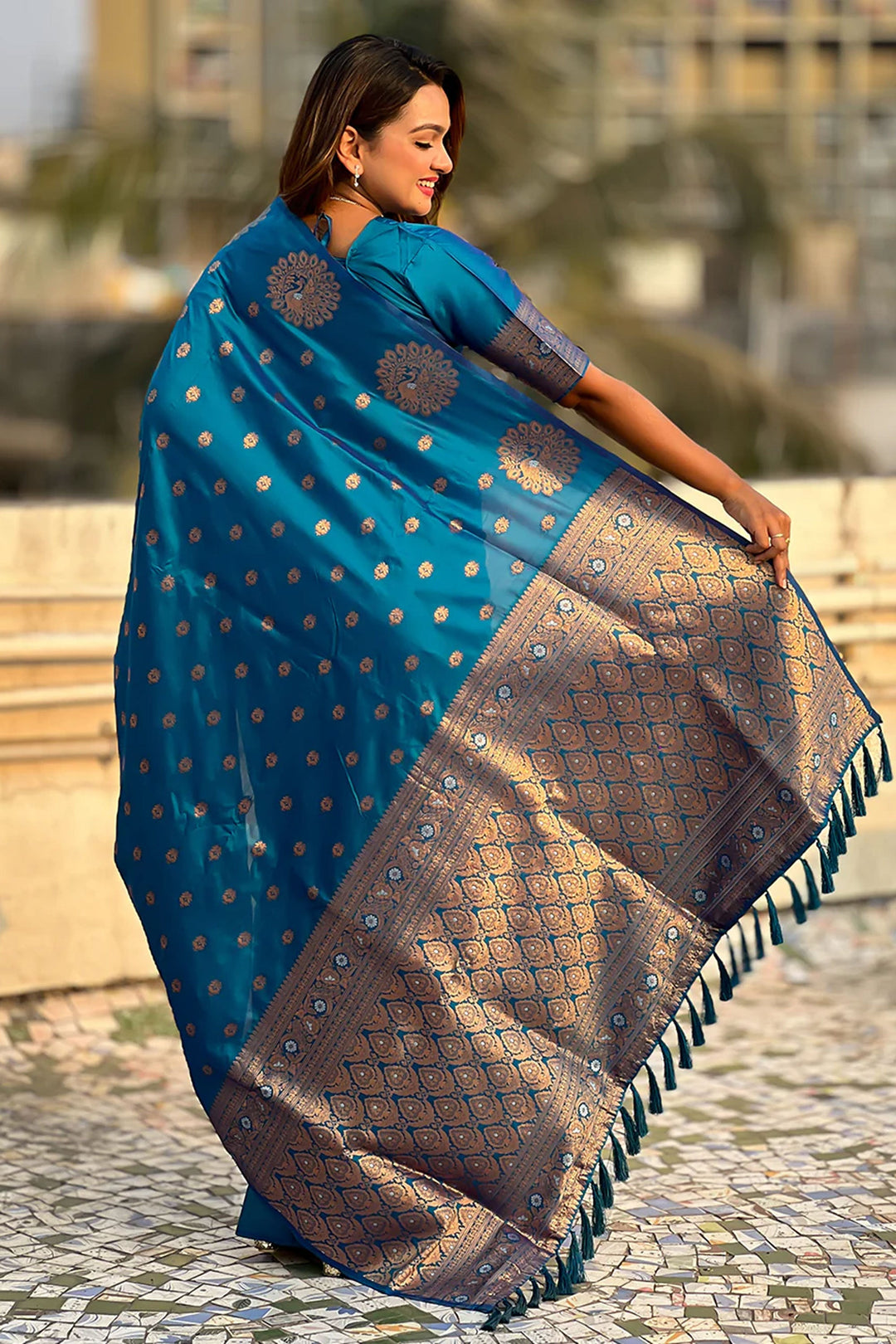 Teal Color Jacquard Work Brilliant Banarsi Style Silk Saree | Buy Online India