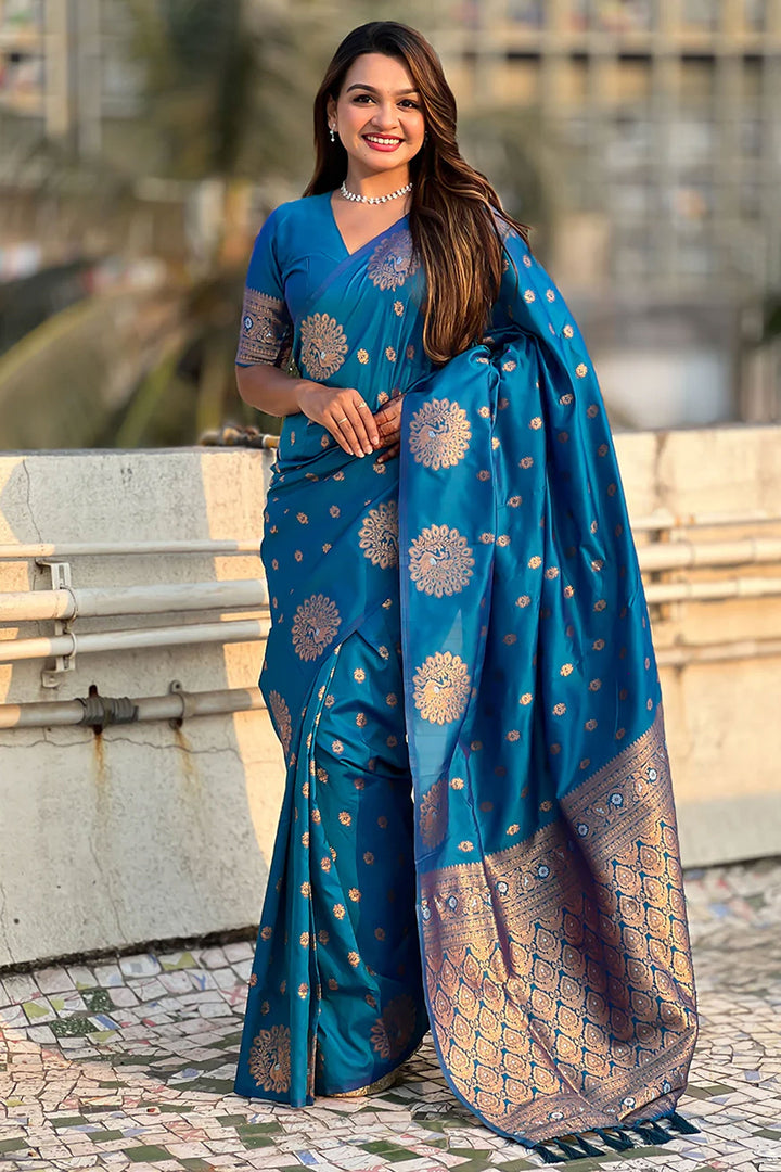 Teal Color Jacquard Work Brilliant Banarsi Style Silk Saree | Buy Online India