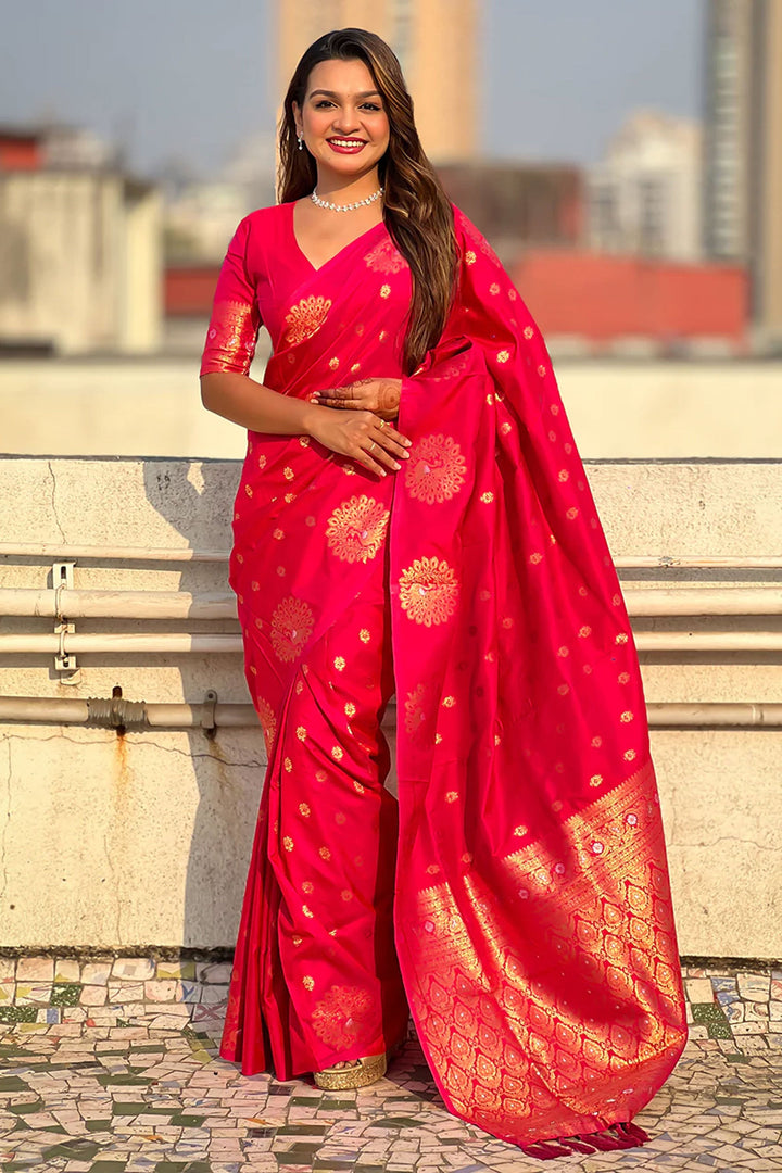 Jacquard Work Imposing Banarsi Style Silk Saree In Rani Color | Buy Online India