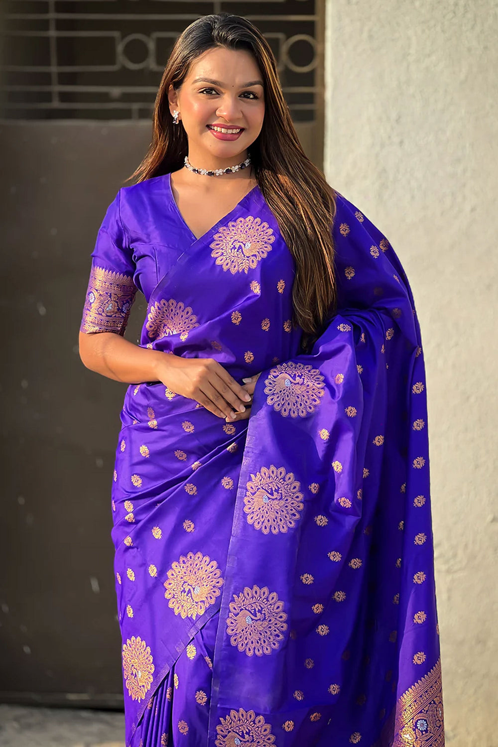 Jacquard Work Soothing Banarsi Style Silk Saree In Blue Color | Buy Online India