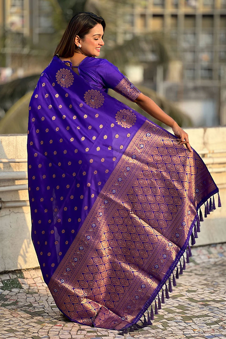 Jacquard Work Soothing Banarsi Style Silk Saree In Blue Color | Buy Online India