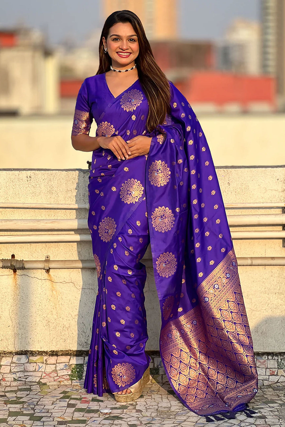 Jacquard Work Soothing Banarsi Style Silk Saree In Blue Color | Buy Online India