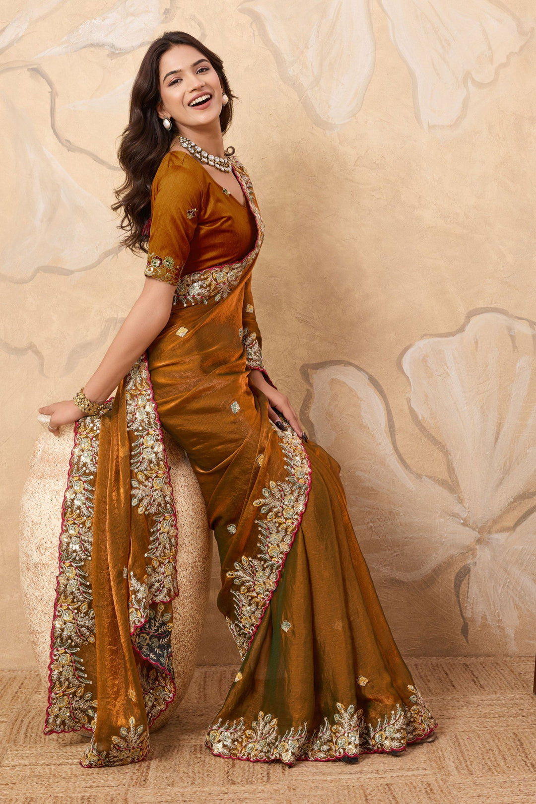 Trendy Chiffon Fabric Mustard Color Saree With Embroidered Work | Buy Online India