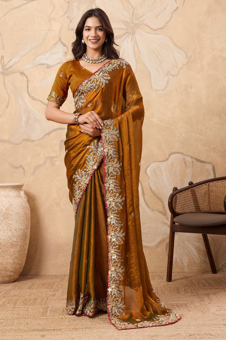 Trendy Chiffon Fabric Mustard Color Saree With Embroidered Work | Buy Online India