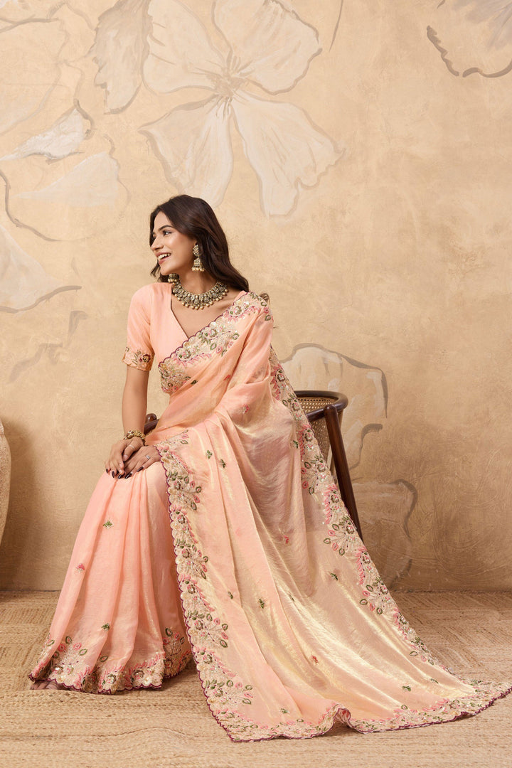 Peach Color Exquisite Embroidered Work Saree In Chiffon Fabric | Buy Online India